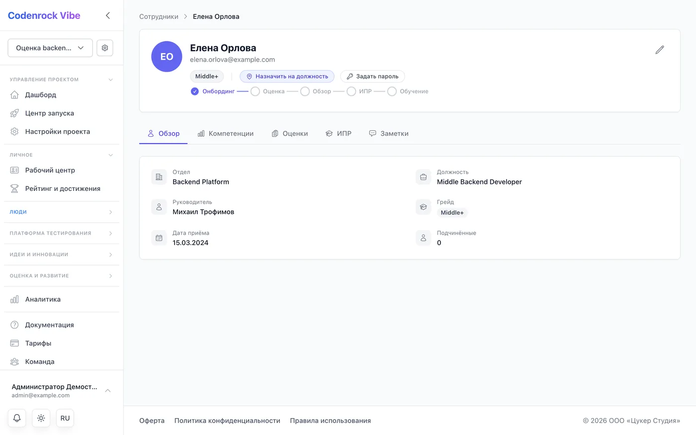 Профиль сотрудника с грейдом и картой компетенций в Vibe Talent